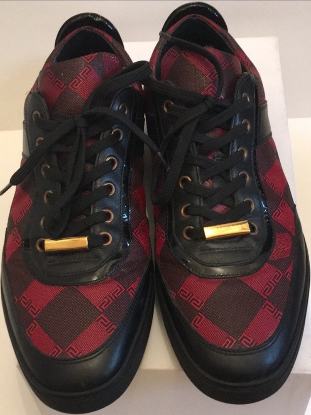 Versace Men’s Red and Black Checkerboard Sneakers with Gold Accent